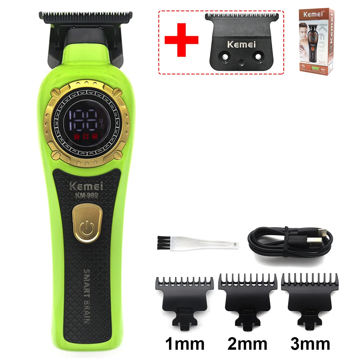 A lime green cordless smart brain hair trimmer with an LED display and various guard attachments.