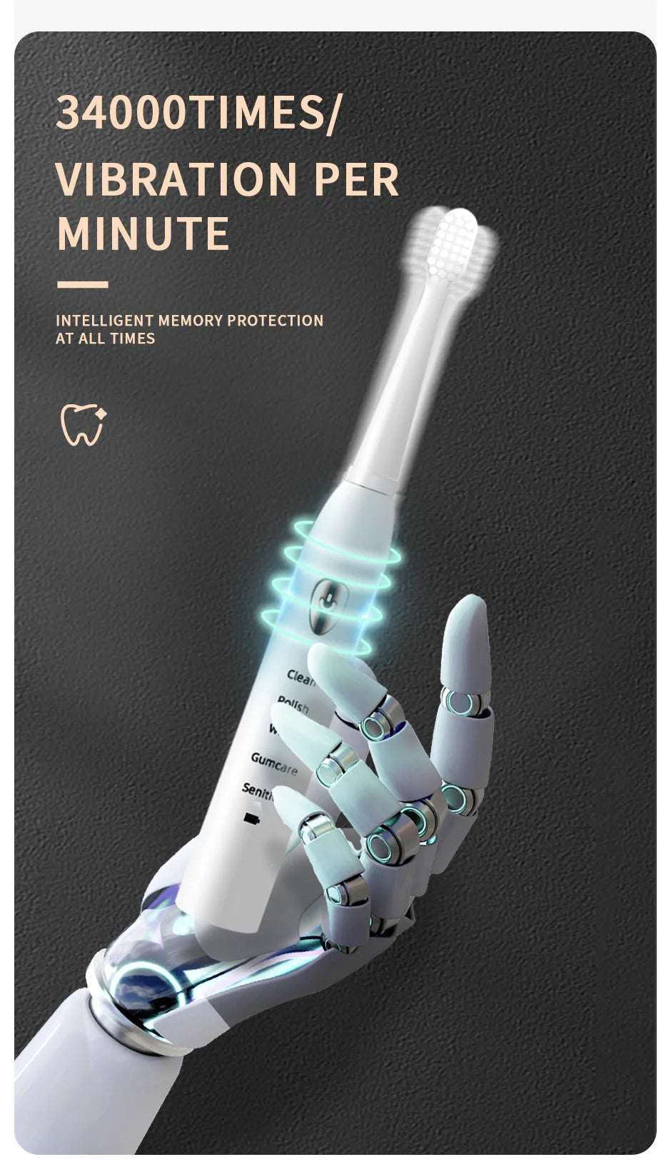 A close-up of a white acoustic electric toothbrush with a textured head, shown against a dark background.