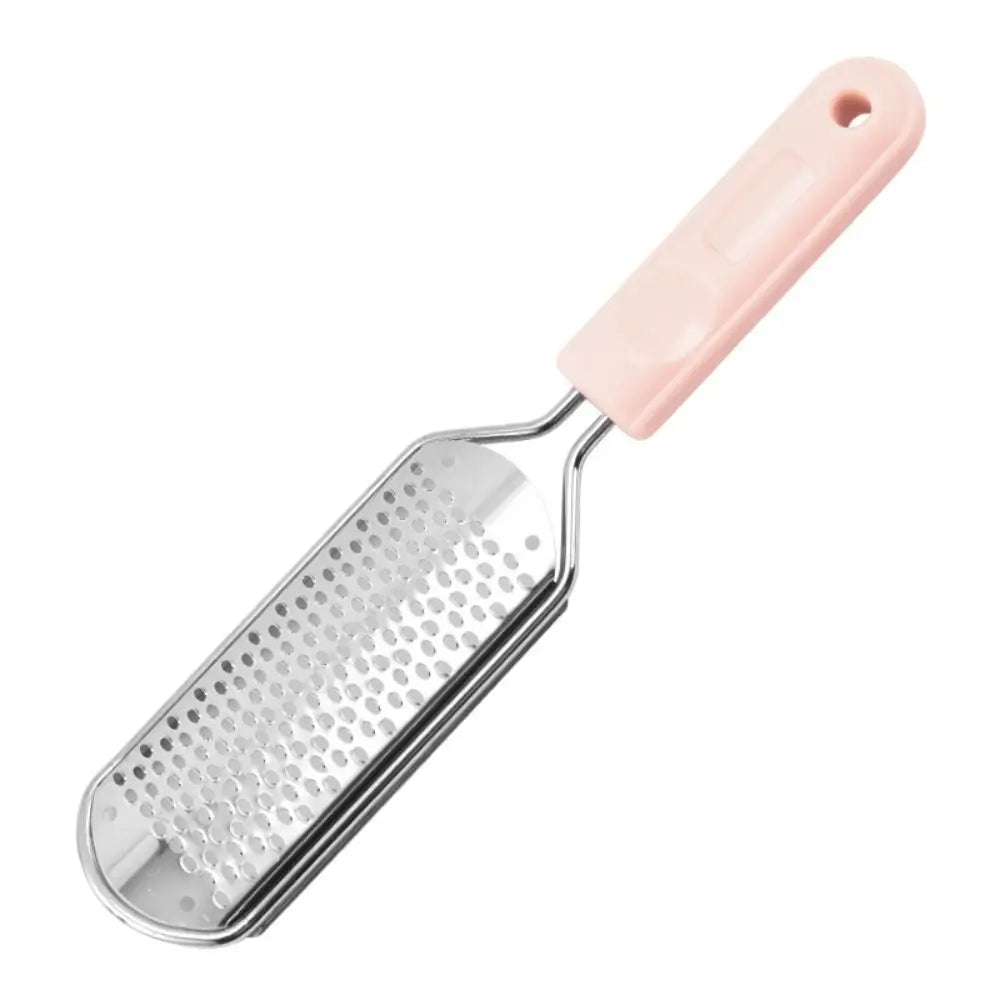 A pink and stainless steel foot file tool used for callus removal.