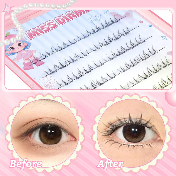 Before and after comparison of natural individual clusters for DIY eye enhancement lashes