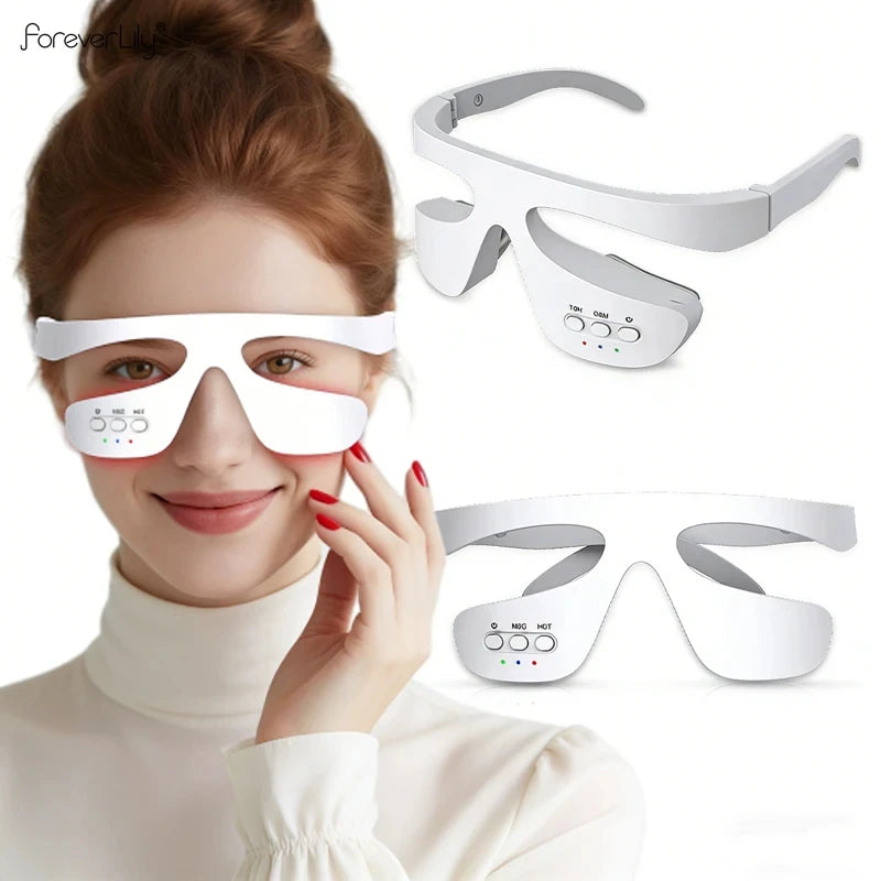 Una mujer usa un masajeador ocular 3D blanco EMS para ojeras e hinchazón.