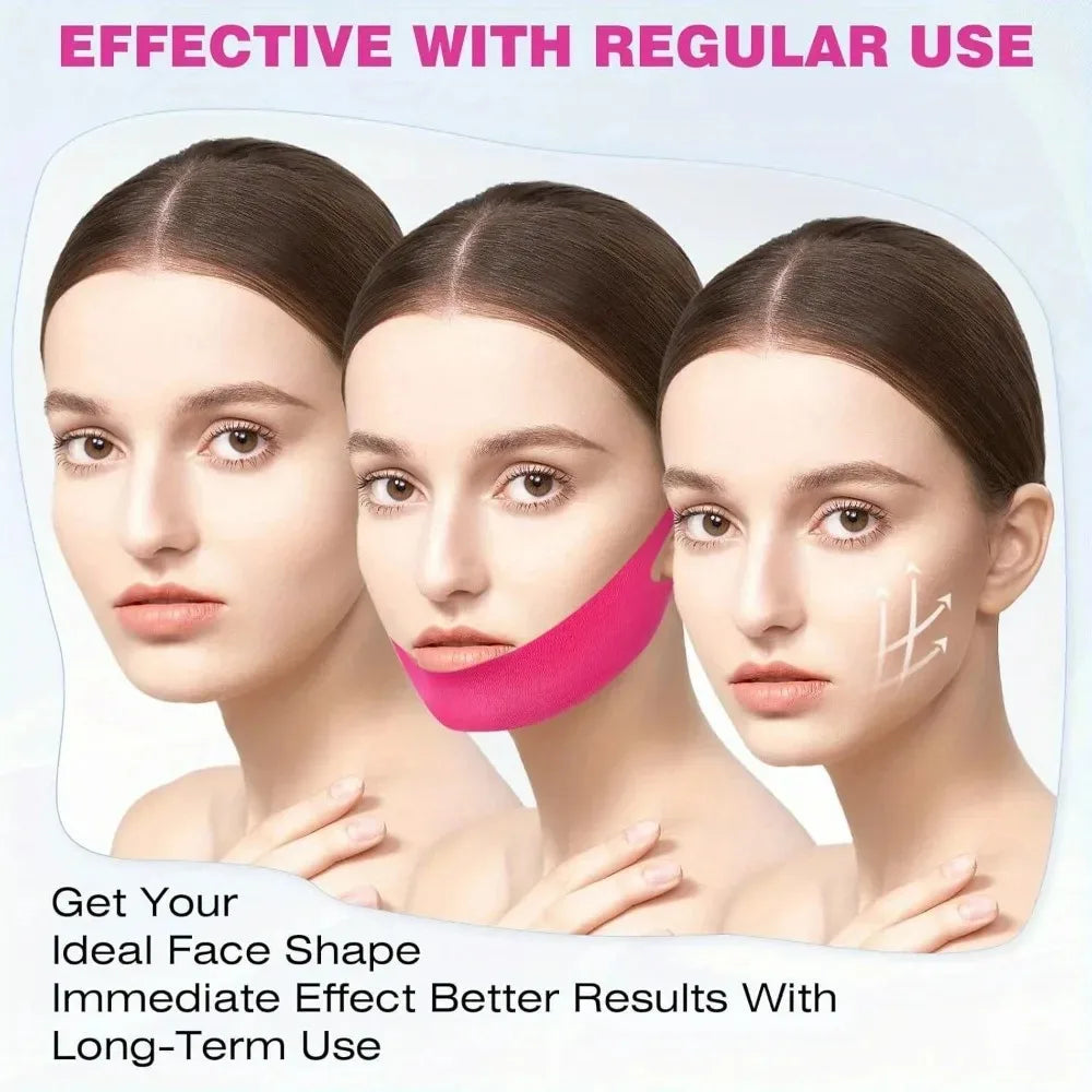 Three models demonstrate the V-Line Face Lifting and Slimming Mask Set application for an ideal face shape.