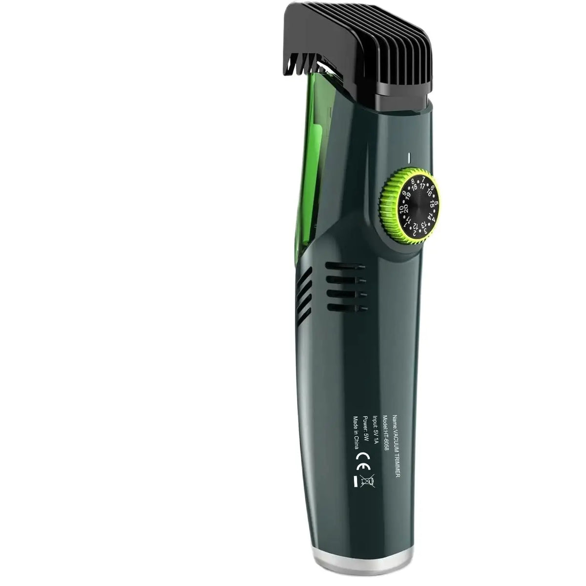 A close-up view of a dark green cordless beard trimmer with a black handle and green accents.