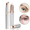 A portable electric trimmer for eyebrows and facial hair, shown in silver with rose gold accents.