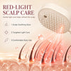 A white electric spray hair brush is shown emitting light onto a surface, illustrating red-light scalp care features.