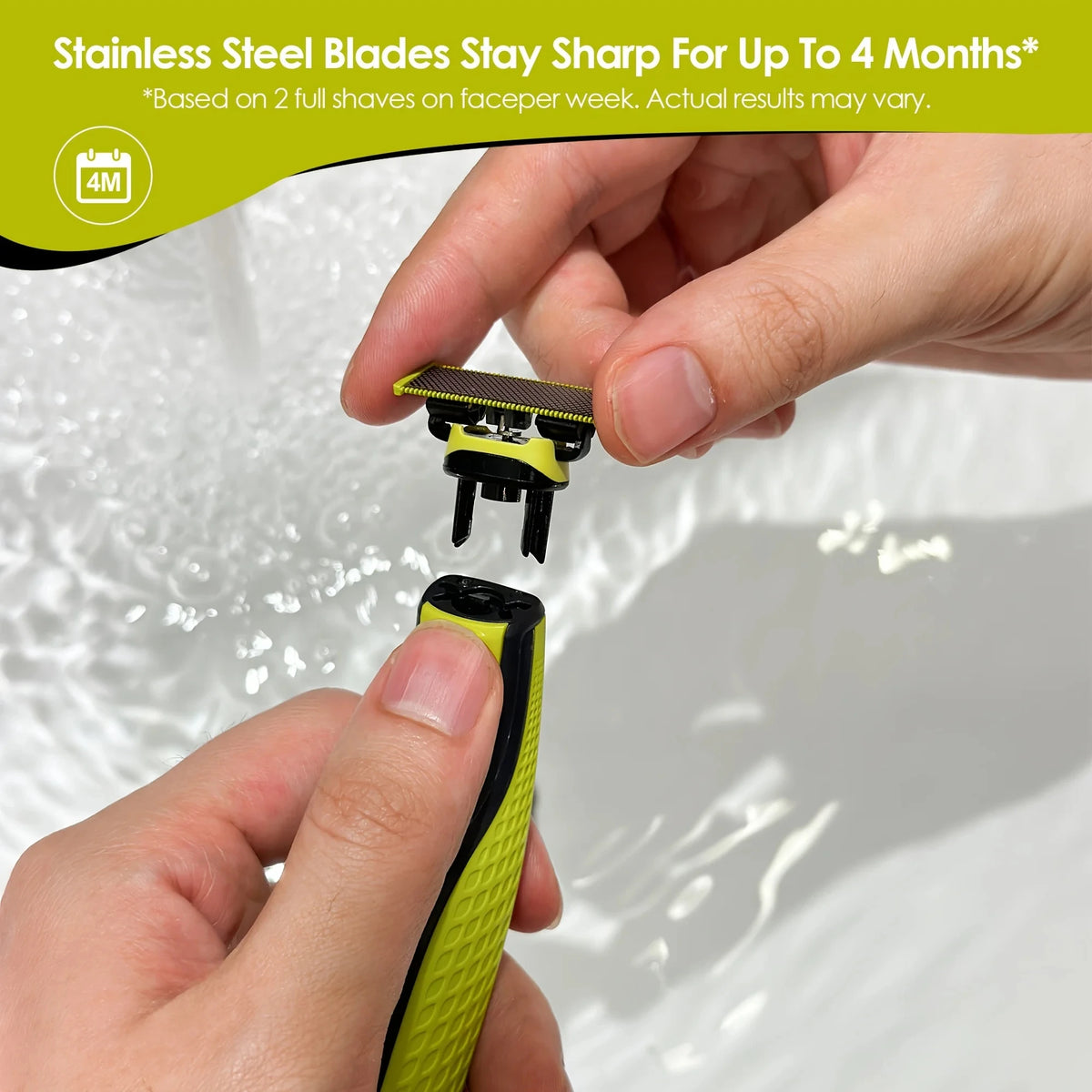 A hand is holding a replacement blade for an electric trimmer, demonstrating its size and shape.