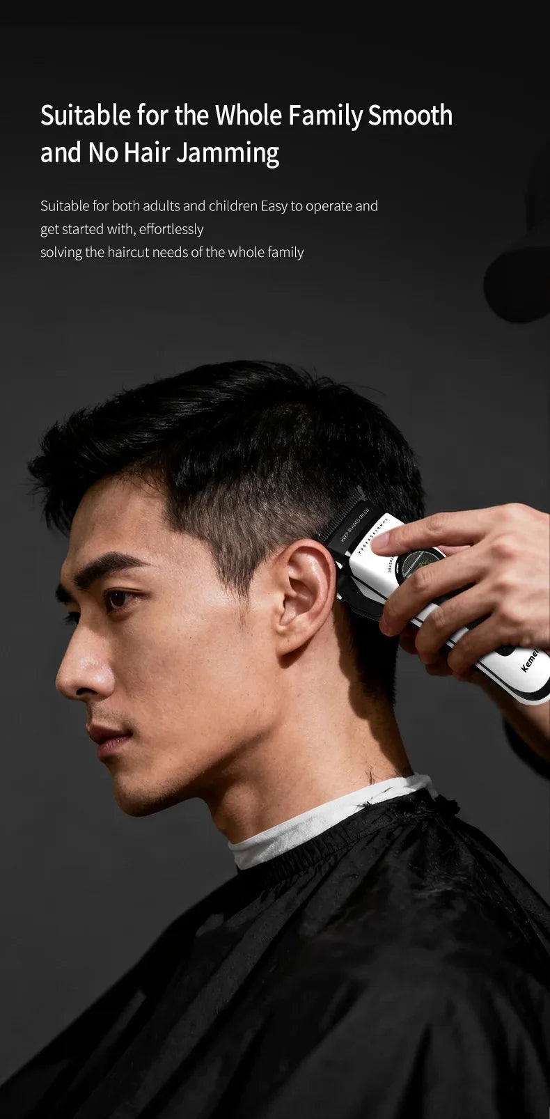 A man is using a professional rechargeable hair clipper and trimmer set on his side of his head.