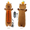Front and back views of a brown electric heating pad for muscle relief with an orange heating element.