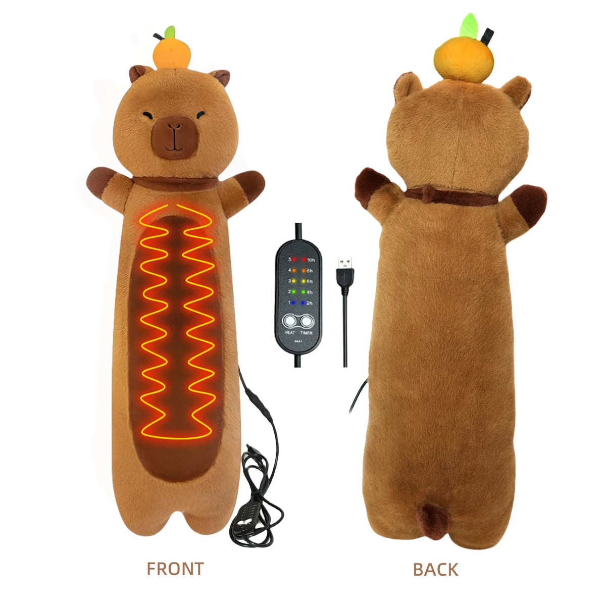 Front and back views of a brown electric heating pad for muscle relief with an orange heating element.