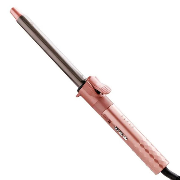 A professional ceramic hair curling iron with a silver barrel and a rose gold textured handle.