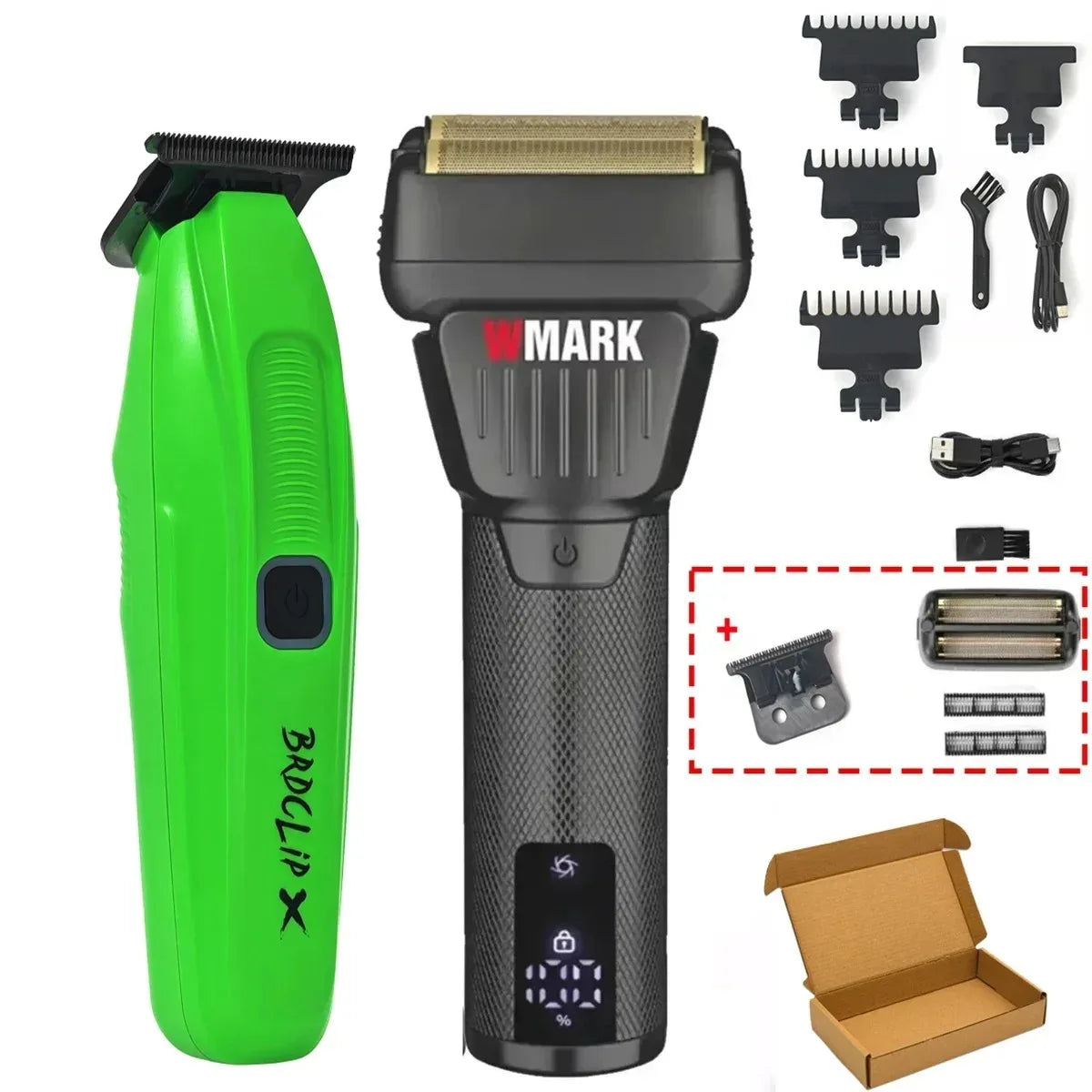 A green electric hair clipper trimmer with a black body and various attachments shown next to the main unit and packaging box