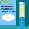 Un rasoir lingual en silicone jaune, étiqueté Comfort Clean Tongue Cleaner