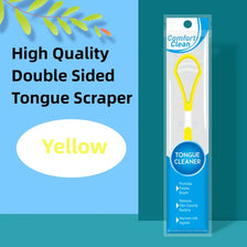 Un rasoir lingual en silicone jaune, étiqueté Comfort Clean Tongue Cleaner