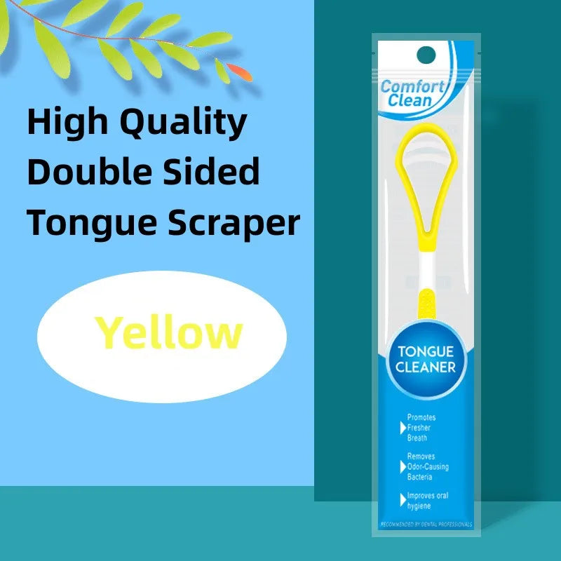 Un rasoir lingual en silicone jaune, étiqueté Comfort Clean Tongue Cleaner
