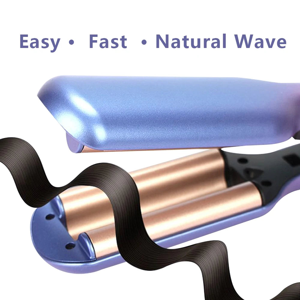 A close-up of a blue ceramic hair waver with a rose gold finish and black hair wrap.