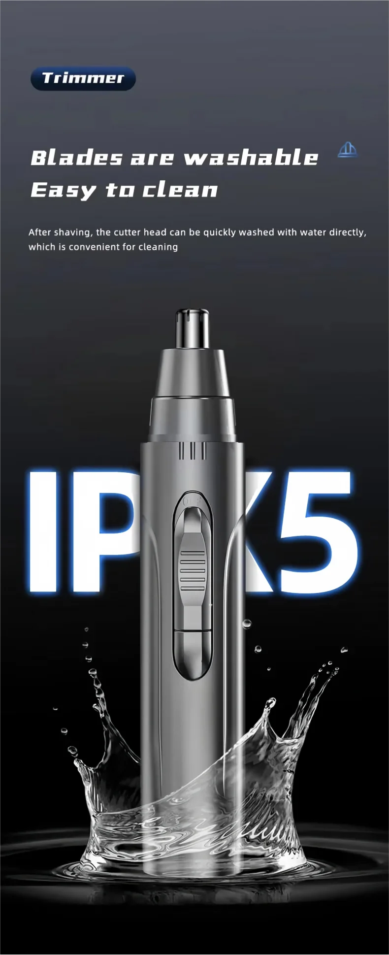 A silver electric nose and ear hair trimmer is shown being washed with water.
