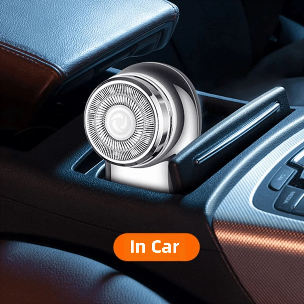 Close-up of a silver electric beard trimmer shaver inserted into a car's interior console.