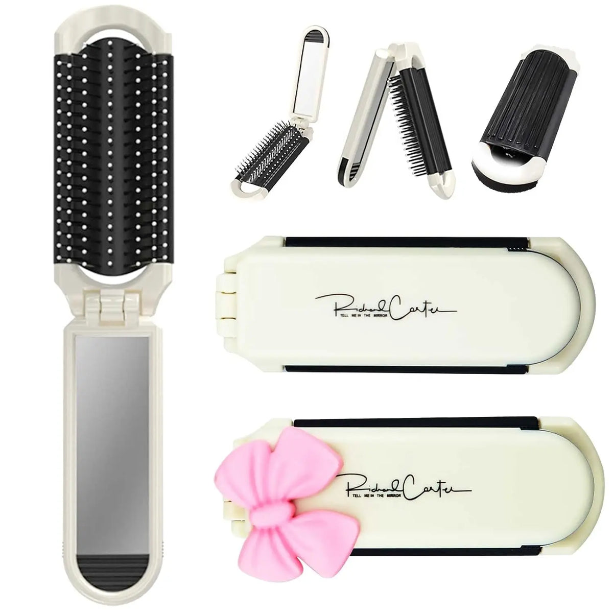 A folding mini hair comb with a mirror and various styling attachments in white and pink.