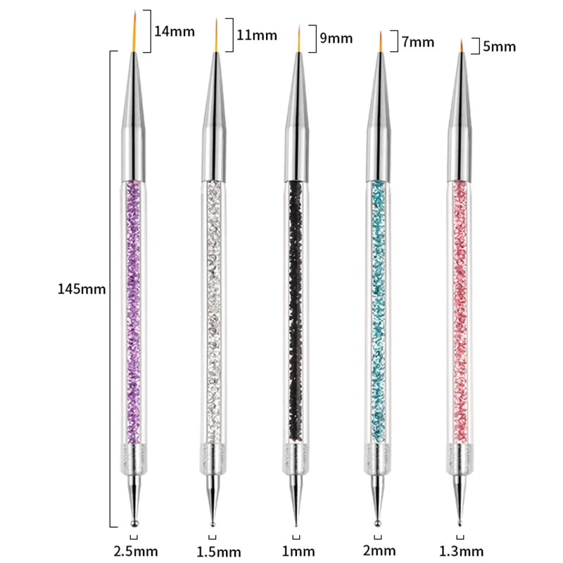 A set of precision nail art brushes with varying tip sizes and colored bristles for gel and acrylic polish application.