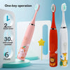 A pink sonic electric toothbrush with a white handle is shown next to a white brush and a yellow star, demonstrating one-key 