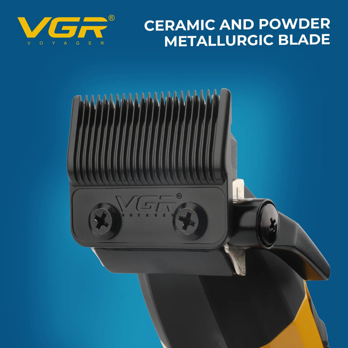 A black VGR Voyager ceramic and powder metallurgical blade attachment for a hair clipper.