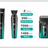 A set of three professional electric hair and beard trimmers shown with specifications for charging time, operating time, RPM