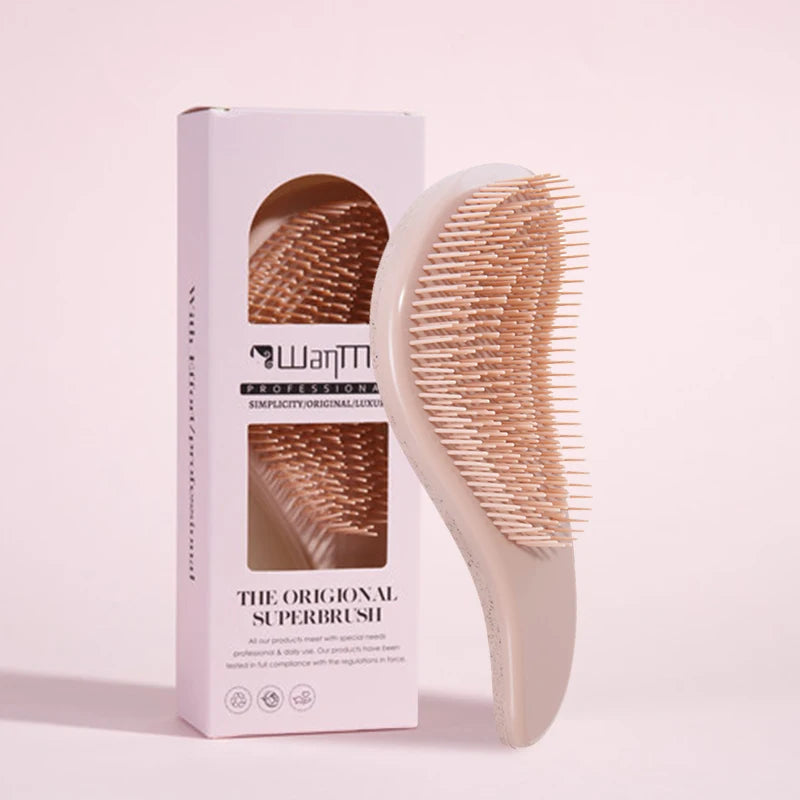 A white anti-static detangling comb with scalp massage tips is shown next to its packaging box.