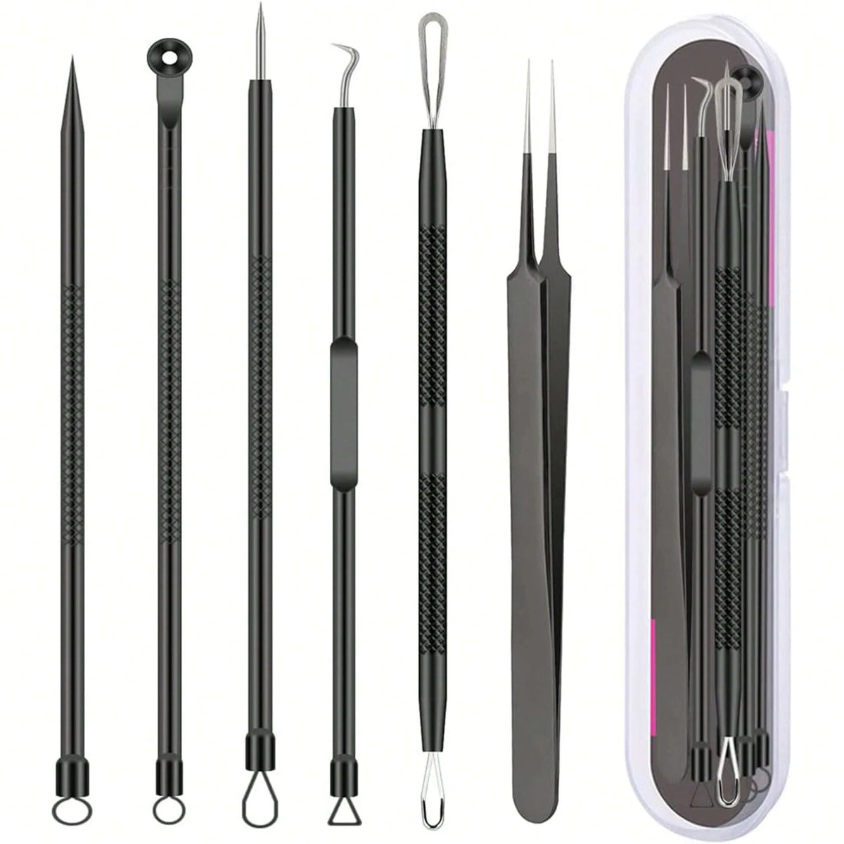 Ein Set aus Edelstahl-Blackhead-Extraktoren in einer klaren Plastikverpackung.