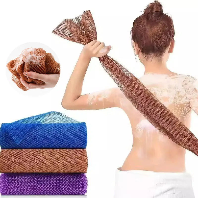 A woman is using a exfoliating mesh body scrubbing towel to scrub her skin, with various colored exfoliating pads visible.