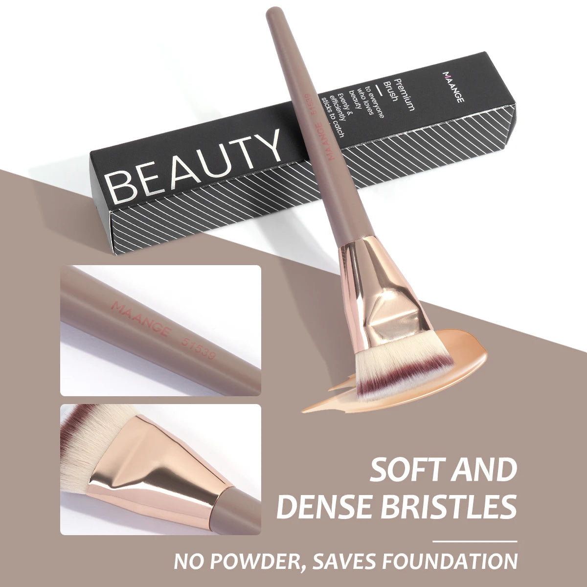 A professional flat kabuki foundation brush in rose gold with dense bristles shown next to its packaging.