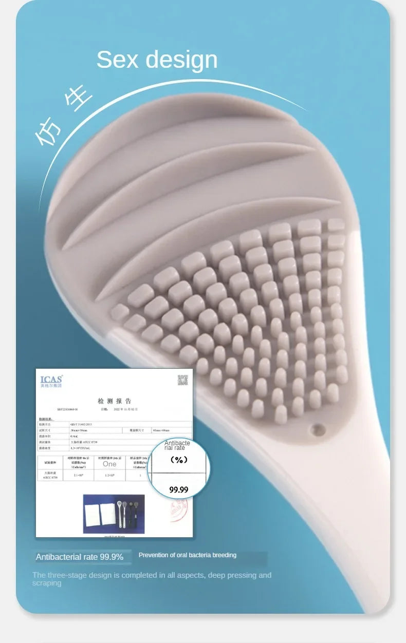 A white reusable tongue cleaner brush is shown next to a certificate detailing its antibacterial rate.