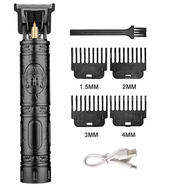 A set of three interchangeable hair and beard trimming attachments for a rechargeable barber kit.