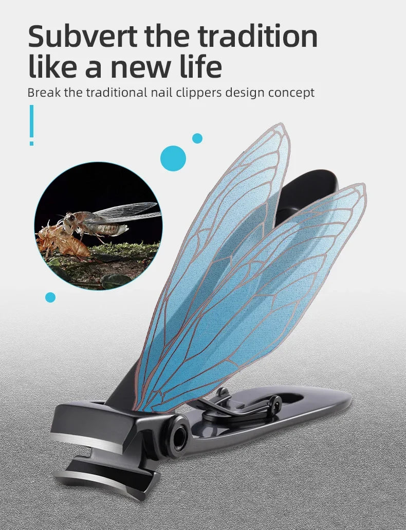 A professional stainless steel nail clippers design featuring a light blue, translucent wing-like blade.