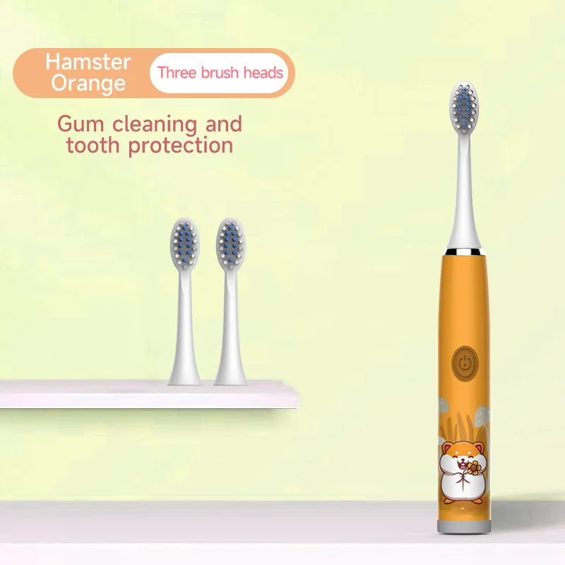 Orange hamster themed electric toothbrush set with three brush heads for gum cleaning and tooth protection