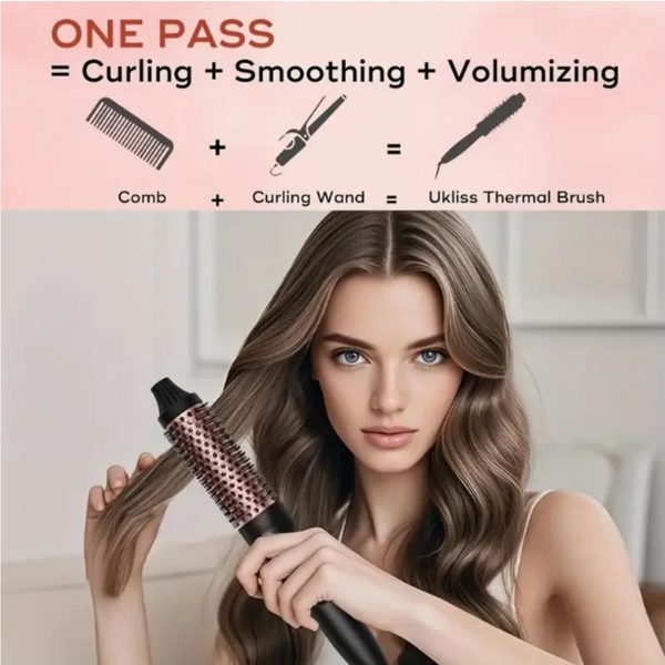 A woman is using an Ukliss Thermal Brush to style her hair.