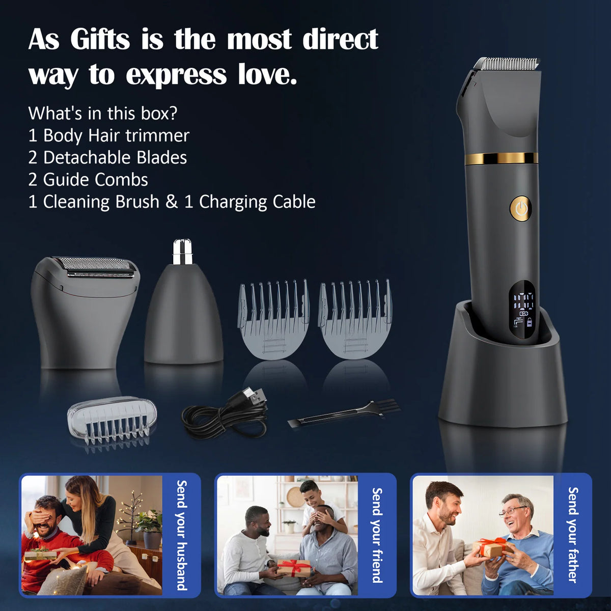 A black all-in-one body grooming kit showing a hair trimmer, blades, combs, brush, and charging cable.