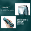 A close-up of a teal electric body hair trimmer with an ergonomic design being held by a hand.