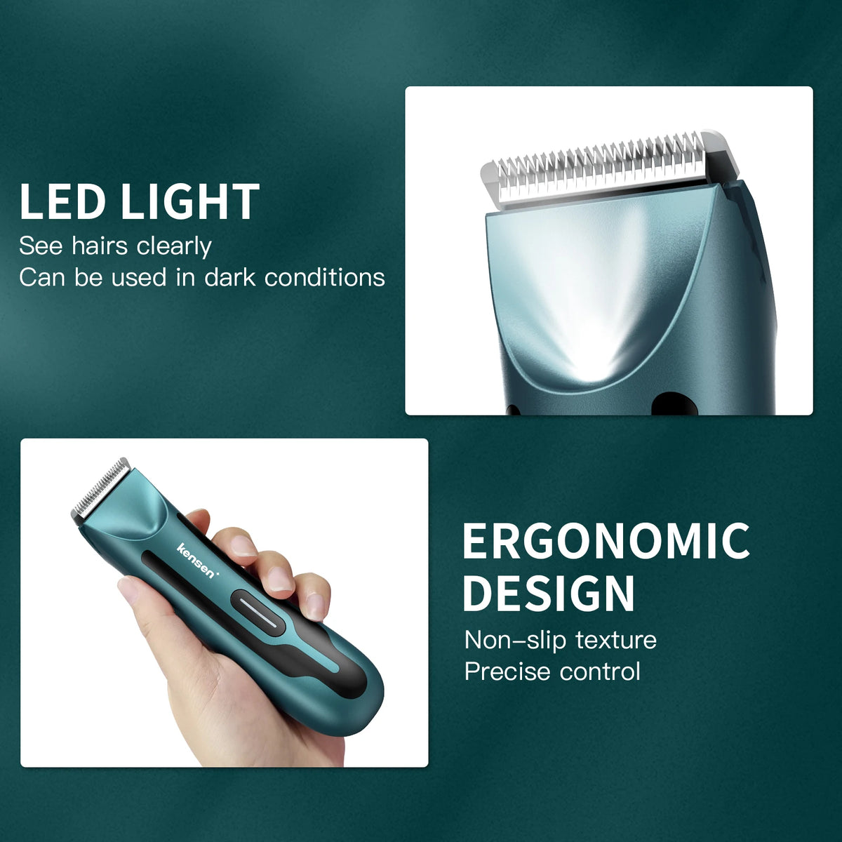 A close-up of a teal electric body hair trimmer with an ergonomic design being held by a hand.