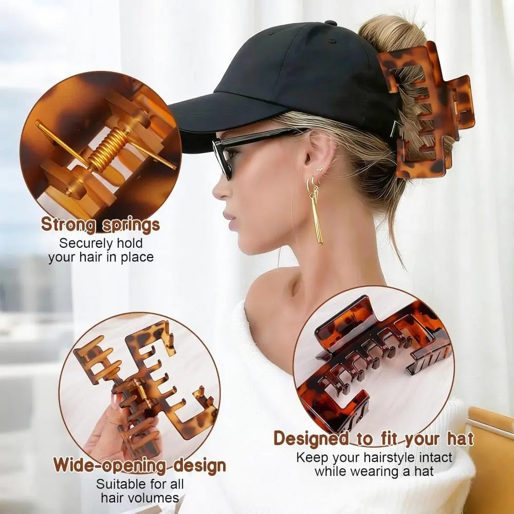 A woman is shown wearing a black baseball cap with tortoiseshell hair clips securing her hair. The clips are designed to fit 