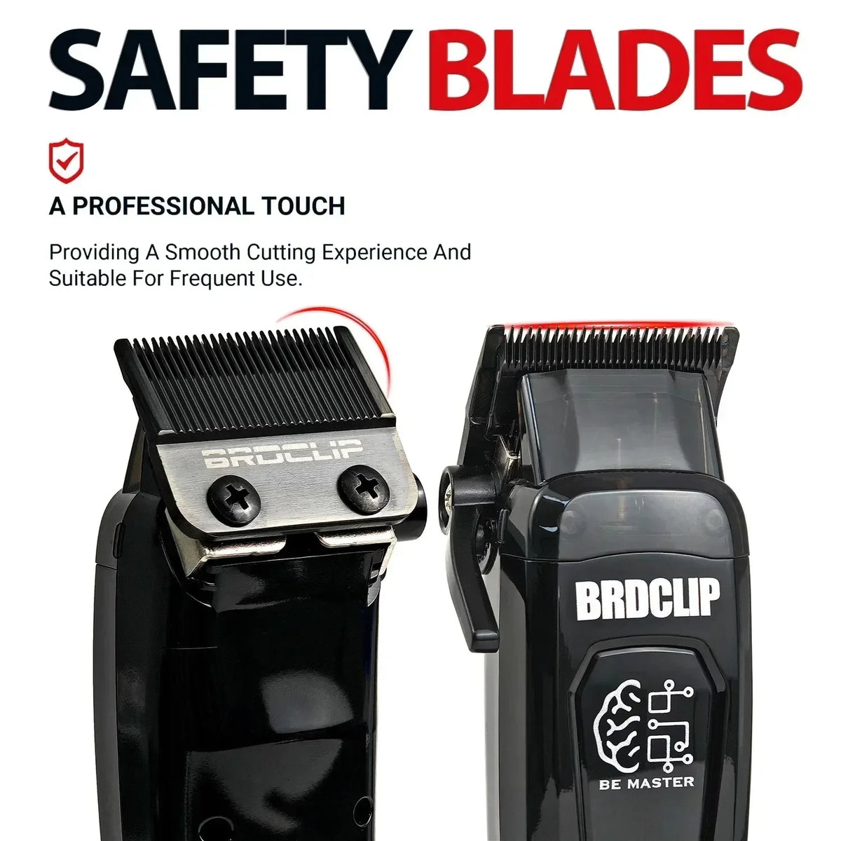 A set of black electric hair clippers with safety blades and a Be Master logo.