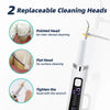 A white ultrasonic dental scaler with replaceable cleaning heads and a control dial.