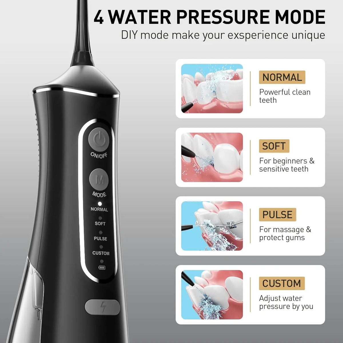 Black portable oral irrigator device showing four water pressure modes: Normal, Soft, Pulse, and Custom.