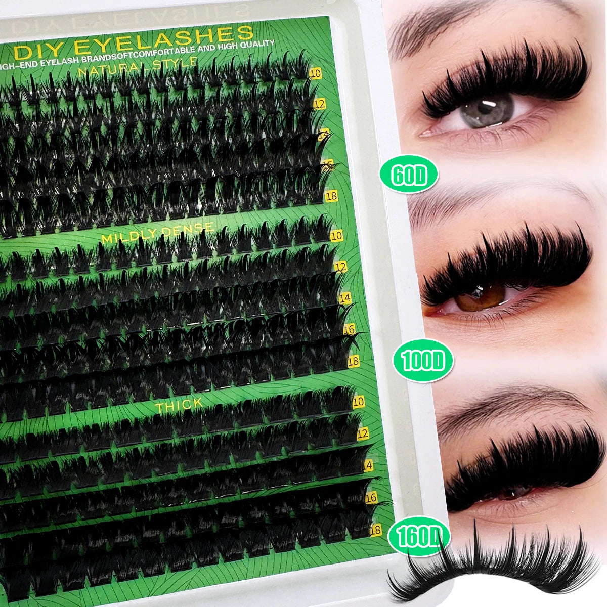 A display of DIY eyelashes showing various densities and lengths for natural style application.