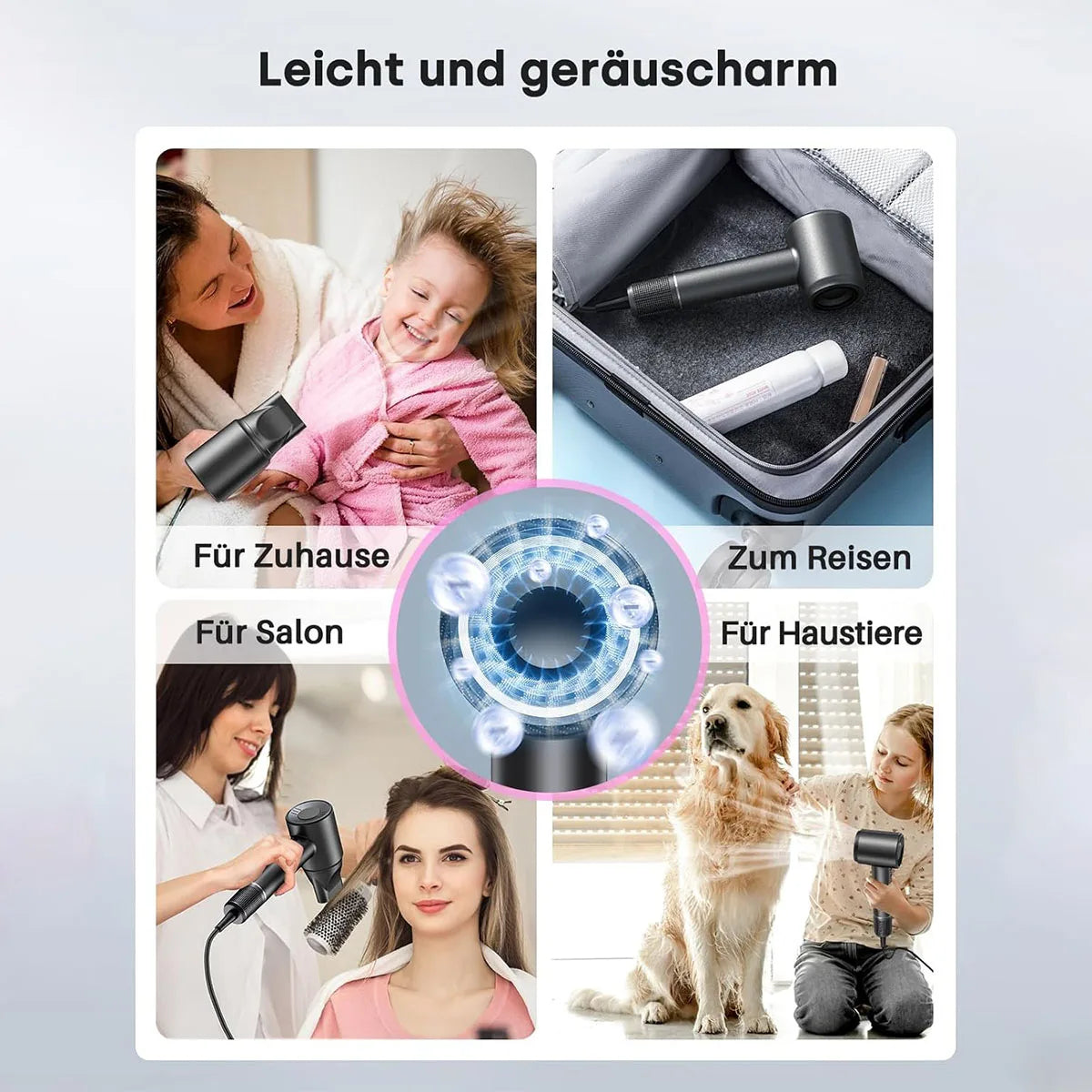 A collection of professional high-speed hair dryers shown in various contexts for home, travel, salon, and pets.