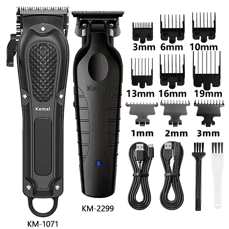 A set of Kemel beard and hair trimmers, including various guard sizes and charging cables.