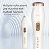 A white hair grooming tool with a gold accent is shown next to its disassembled parts, highlighting its multiple functions.