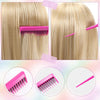 A set of pink hair styling combs and brushes used for creating voluminous looks on blonde hair.
