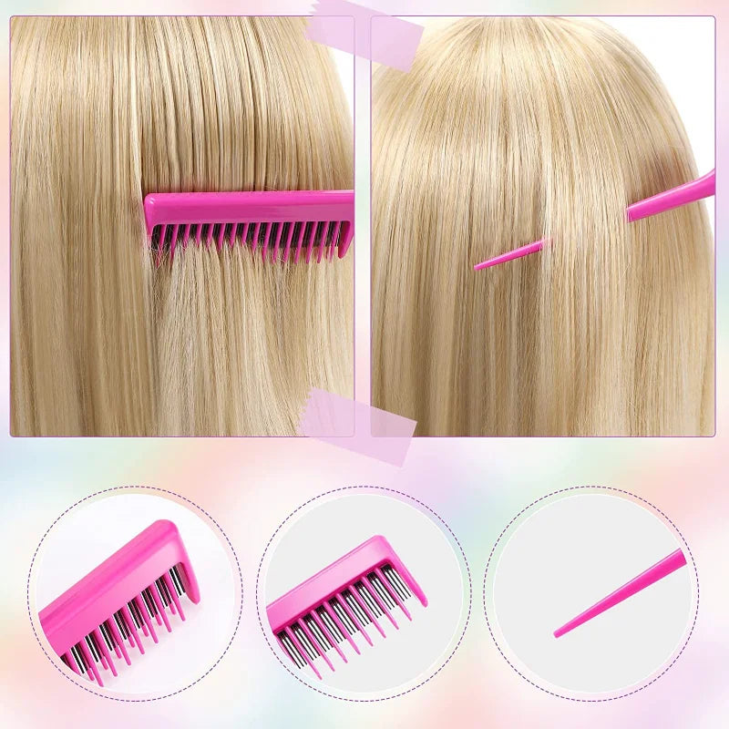 A set of pink hair styling combs and brushes used for creating voluminous looks on blonde hair.