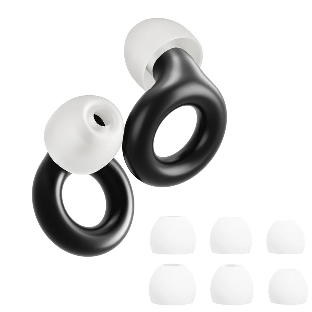 A set of black and white silicone ear plugs for noise reduction, shown in various shapes.