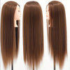 Three long, straight brown hair extensions displayed on a mannequin head.